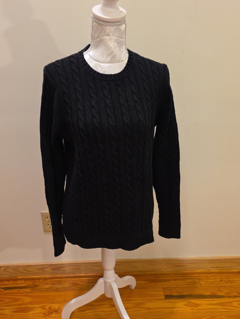 L.L. Bean Black Cable-Knit Crewneck Sweater